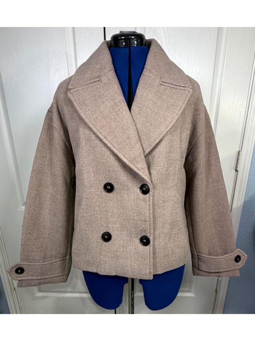 NWT Zara Women's Soft Double-Breasted Cropped Pea Coat Khaki Size X-Small